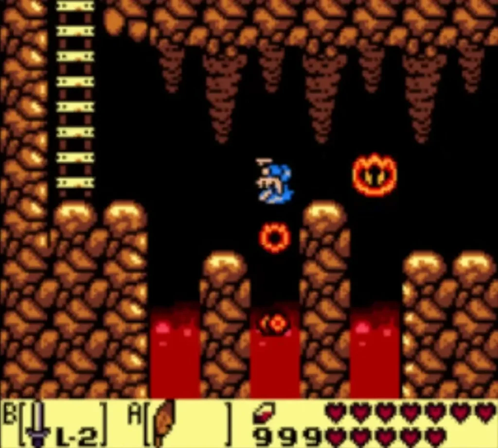 Link leaps across a lava cave while Podoboo fireballs rise nearby Link leaps across a lava cave while Podoboo fireballs rise nearby