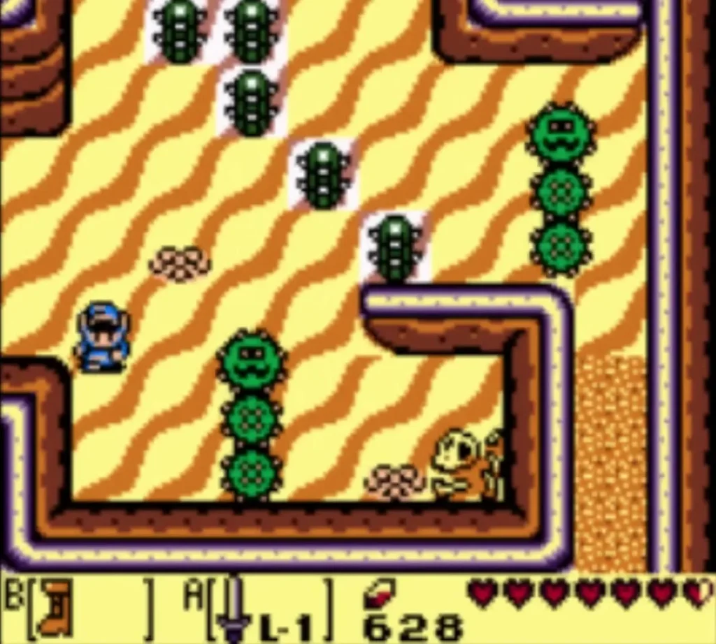 Green Pokeys standing in the Yarna Desert sand, with Link at the left Green Pokeys standing in the Yarna Desert sand, with Link at the left