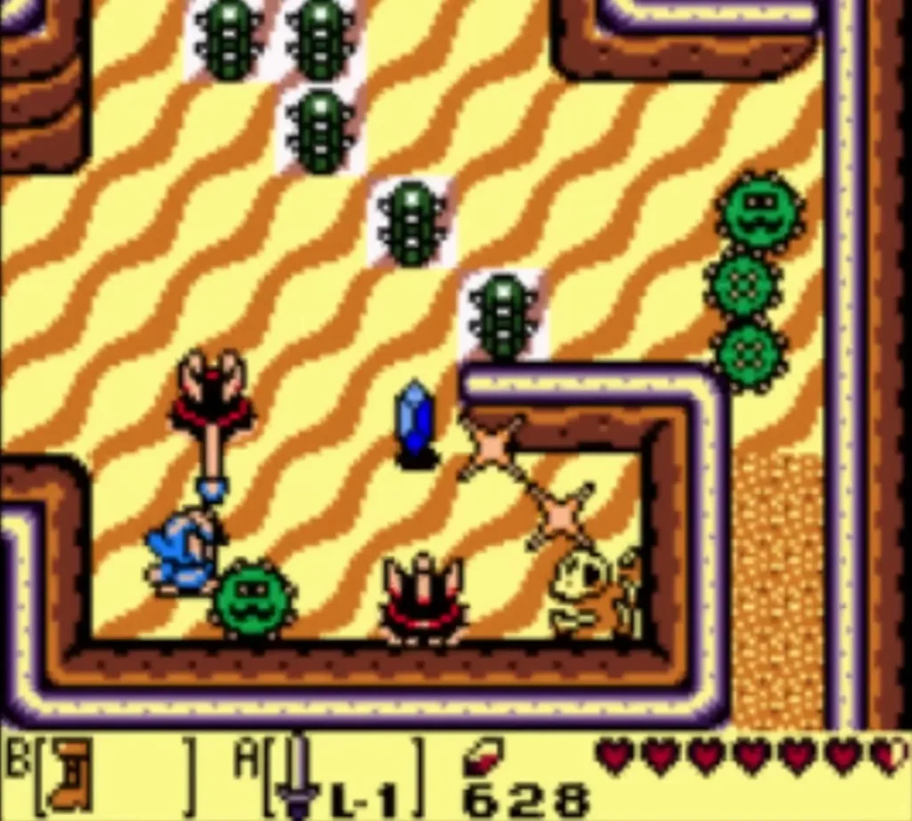 Link in Yarna Desert among several Pokeys, with a blue rupee on the sand Link in Yarna Desert among several Pokeys, with a blue rupee on the sand