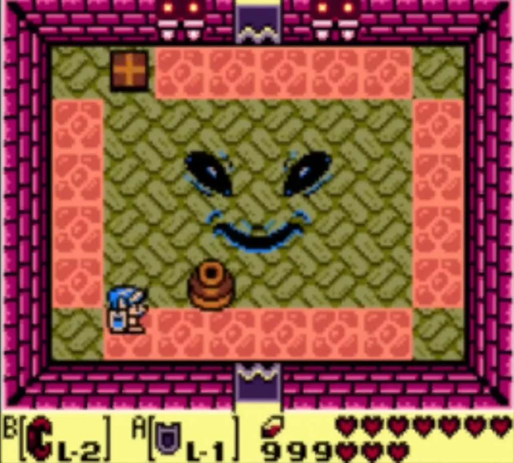 A flying pot closes in on Link in Facade's room, Facade's face on the floor behind it A flying pot closes in on Link in Facade's room, Facade's face on the floor behind it