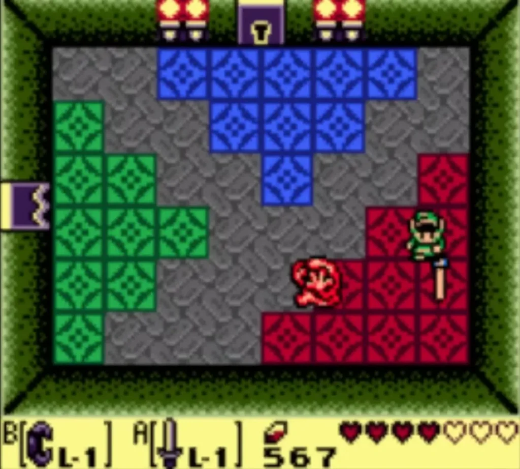 The Red Camo Goblin revealed on the red floor tiles beside Link The Red Camo Goblin revealed on the red floor tiles beside Link