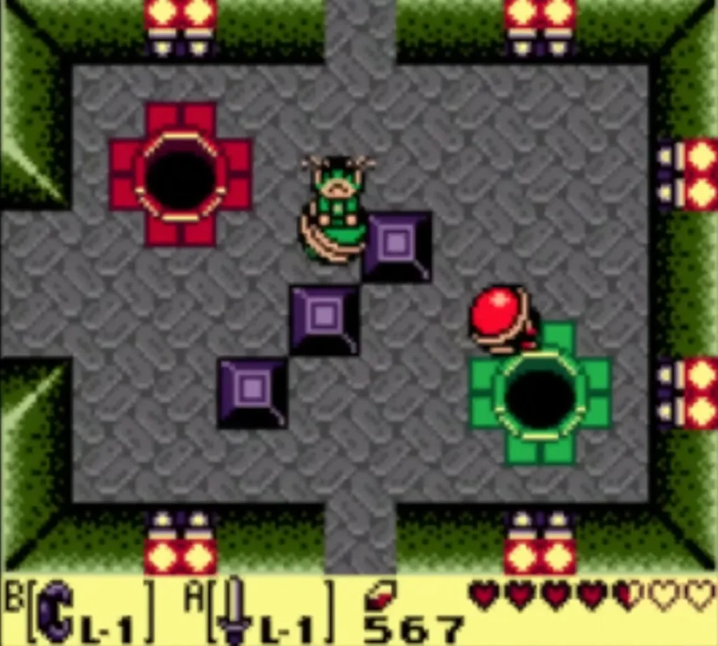 Red Orb Monster beside a green hole in the Color Dungeon room with colored holes Red Orb Monster beside a green hole in the Color Dungeon room with colored holes