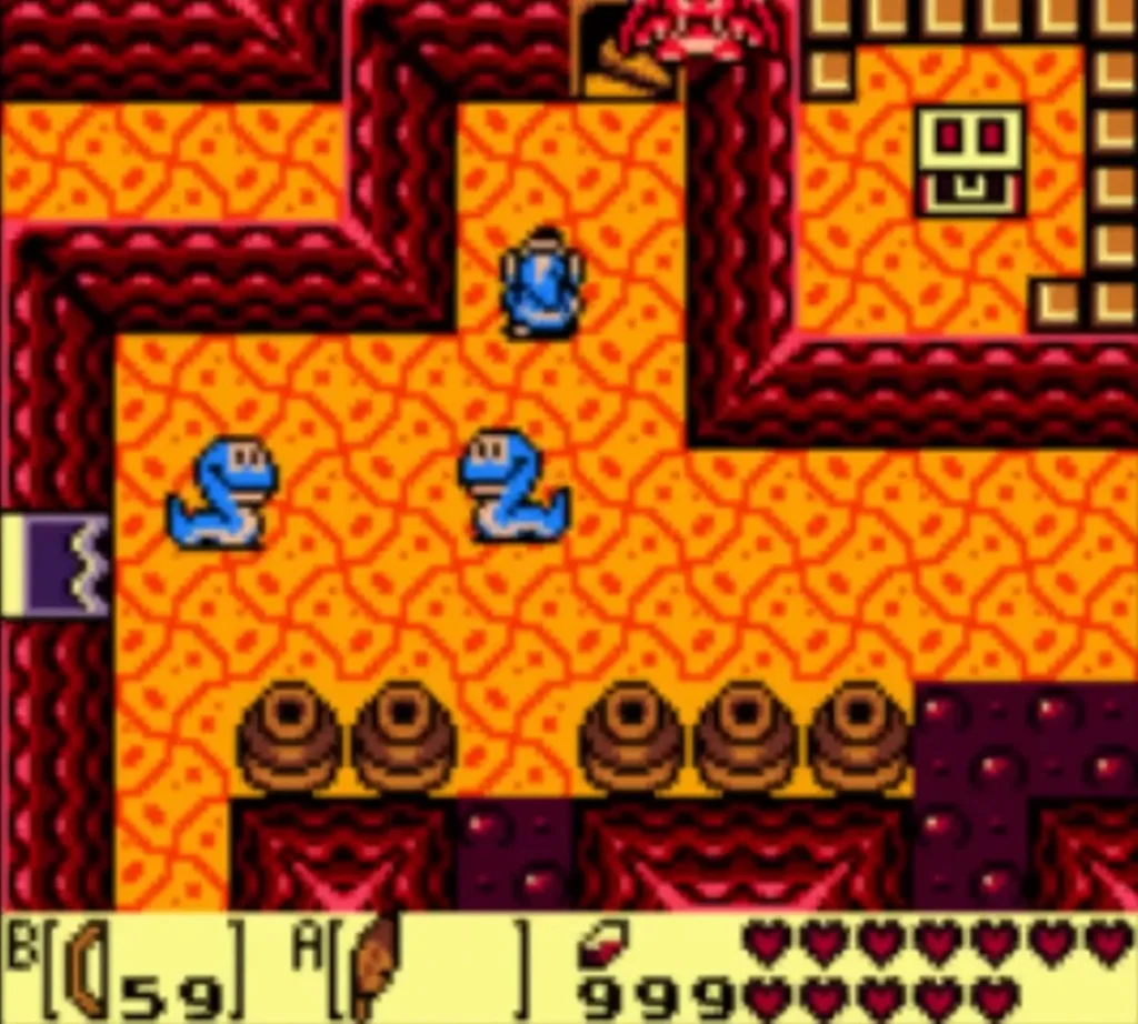 Two blue Ropes slither across a lava floor beside Link in Turtle Rock Two blue Ropes slither across a lava floor beside Link in Turtle Rock
