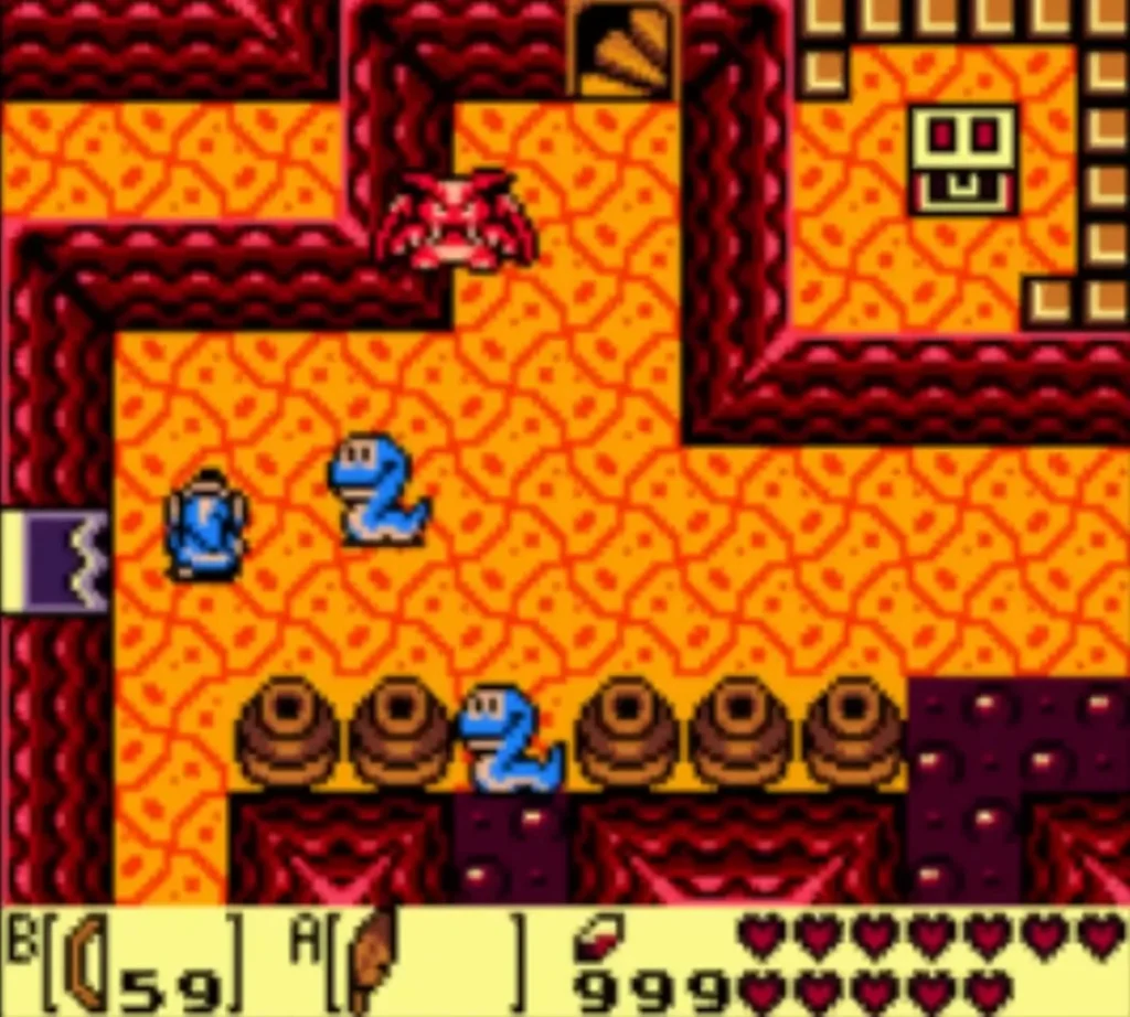Link with the Bow faces blue Ropes in a lava room, with a Vire overhead Link with the Bow faces blue Ropes in a lava room, with a Vire overhead
