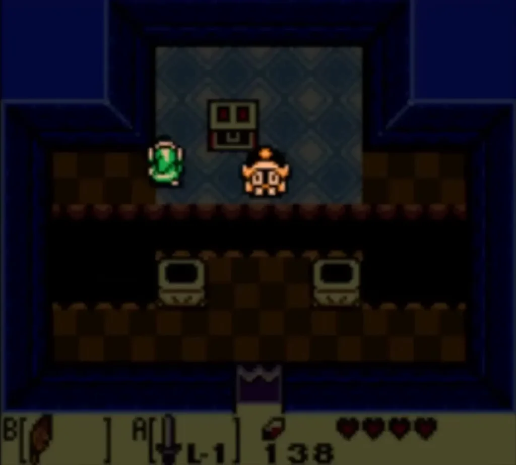An orange Shrouded Stalfos stands in a Bottle Grotto chest room with two chests below it An orange Shrouded Stalfos stands in a Bottle Grotto chest room with two chests below it