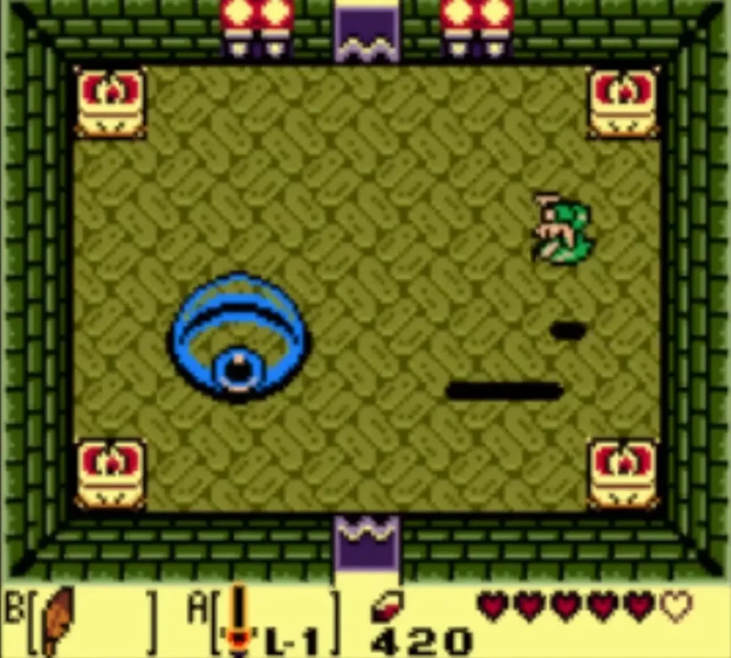 Blue Slime Eye on the left of the olive-floored room as Link stands at the top right Blue Slime Eye on the left of the olive-floored room as Link stands at the top right
