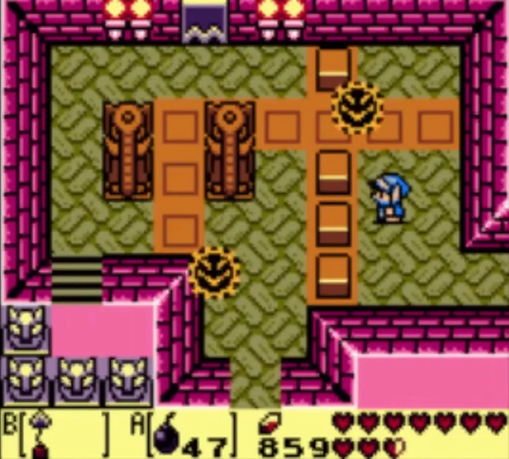 Two Sparks circle near the stone statues of a Face Shrine room with orange floor tiles Two Sparks circle near the stone statues of a Face Shrine room with orange floor tiles