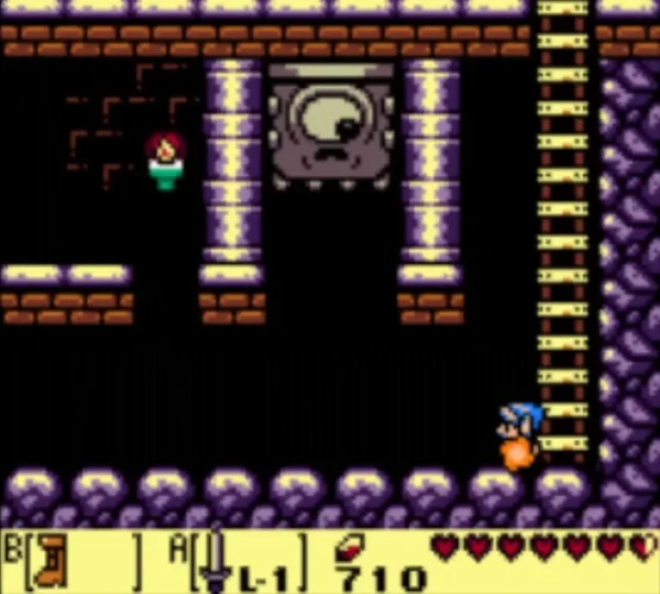 A spiked grey Thwomp hangs between two pillars above Link beside a ladder in Angler Tunnel A spiked grey Thwomp hangs between two pillars above Link beside a ladder in Angler Tunnel