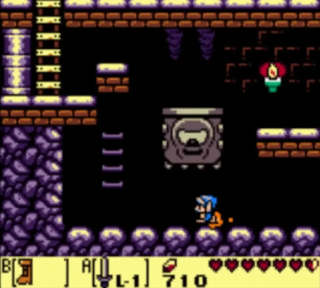 A spiked grey Thwomp hovering over Link in a side-scrolling Angler Tunnel passage with a lit lamp A spiked grey Thwomp hovering over Link in a side-scrolling Angler Tunnel passage with a lit lamp