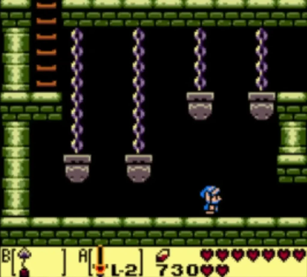 Four spiked weights hang on chains above the floor of a dungeon room with Link below Four spiked weights hang on chains above the floor of a dungeon room with Link below