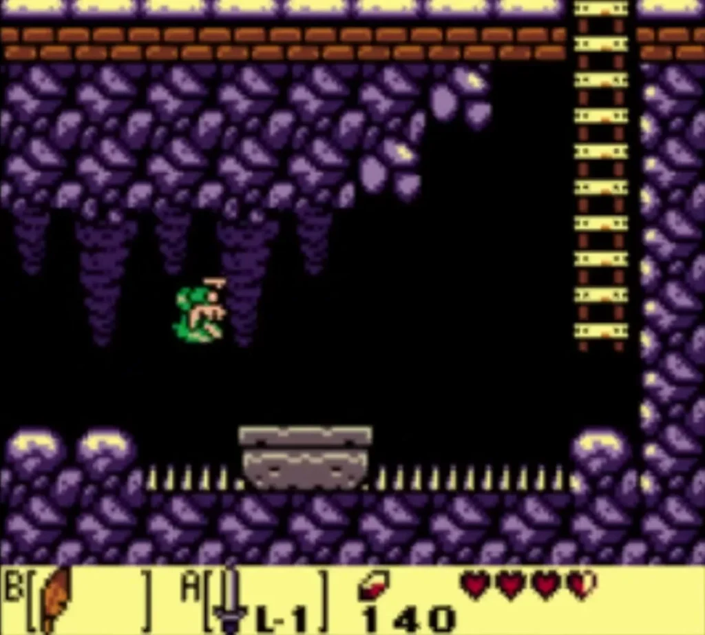 A grey stone lift hovers above spikes in a Bottle Grotto cave passage A grey stone lift hovers above spikes in a Bottle Grotto cave passage