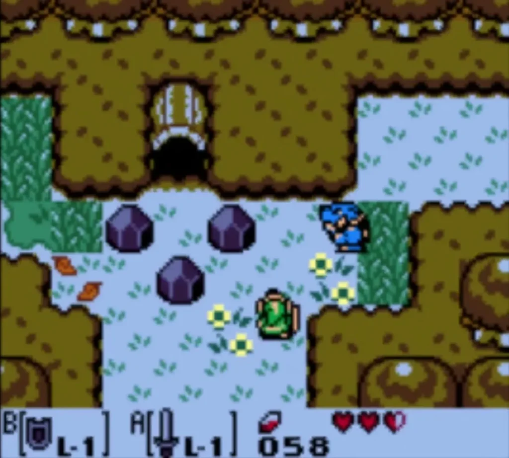 Two blue Moblins on a grassy forest path, with Link at the far right Two blue Moblins on a grassy forest path, with Link at the far right