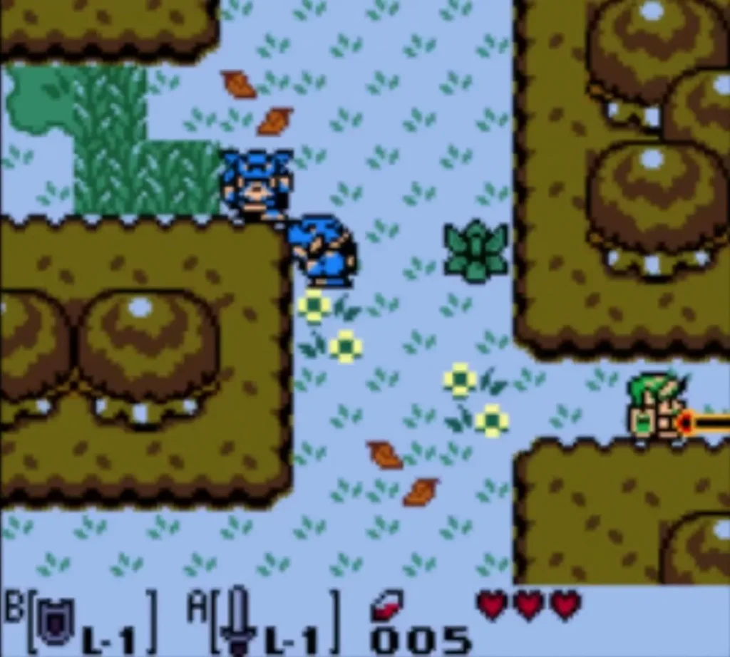 Link with his Sword facing two blue Moblins on a path in the Mysterious Forest Link with his Sword facing two blue Moblins on a path in the Mysterious Forest