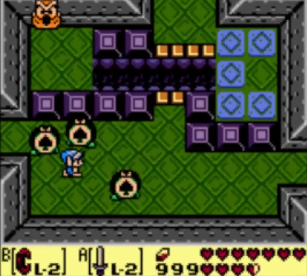 Three-of-a-Kind creatures move among chests in an Eagle's Tower room, with Link at the left Three-of-a-Kind creatures move among chests in an Eagle's Tower room, with Link at the left