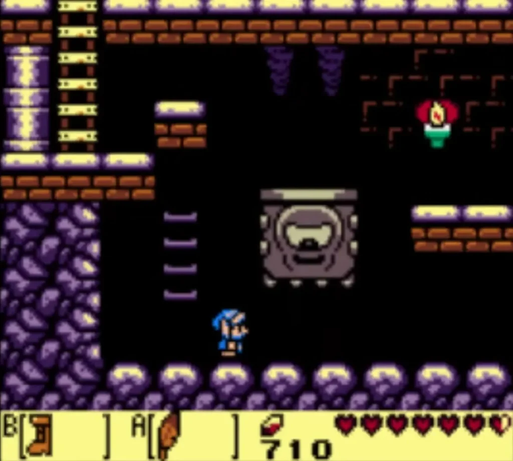 A grey Thwomp sits over a side-view room while Link stands below it A grey Thwomp sits over a side-view room while Link stands below it