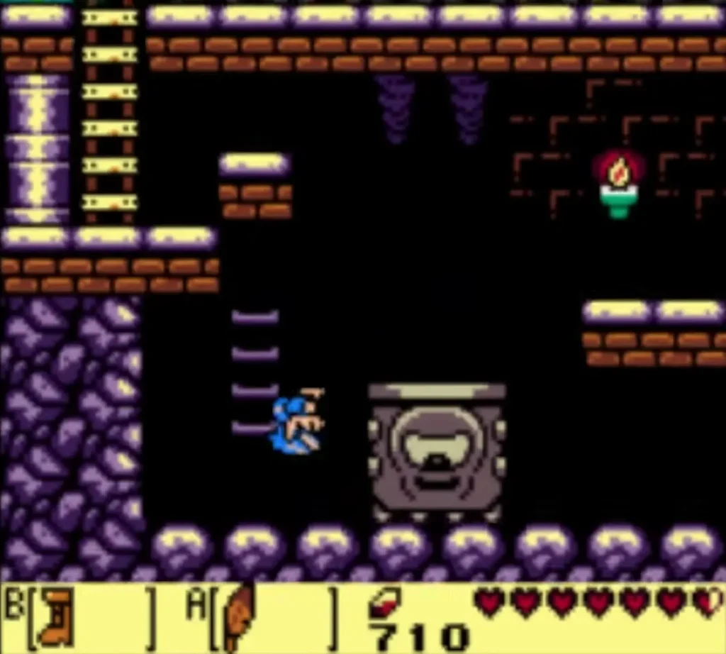 Link stands below a grey Thwomp in a side-view room before the ladder Link stands below a grey Thwomp in a side-view room before the ladder
