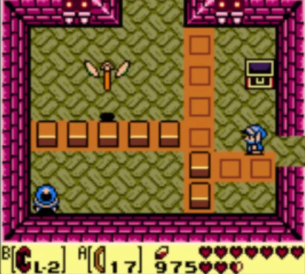 A closed treasure chest at the top right of a Face Shrine room with Link standing next to it A closed treasure chest at the top right of a Face Shrine room with Link standing next to it