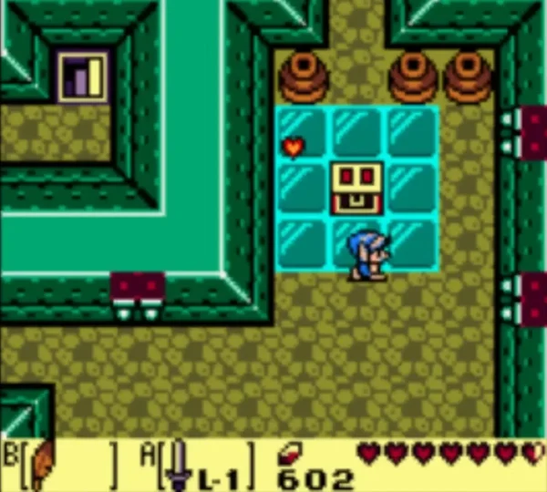 A closed chest on teal floor tiles in Angler's Tunnel with Link standing just below it A closed chest on teal floor tiles in Angler's Tunnel with Link standing just below it