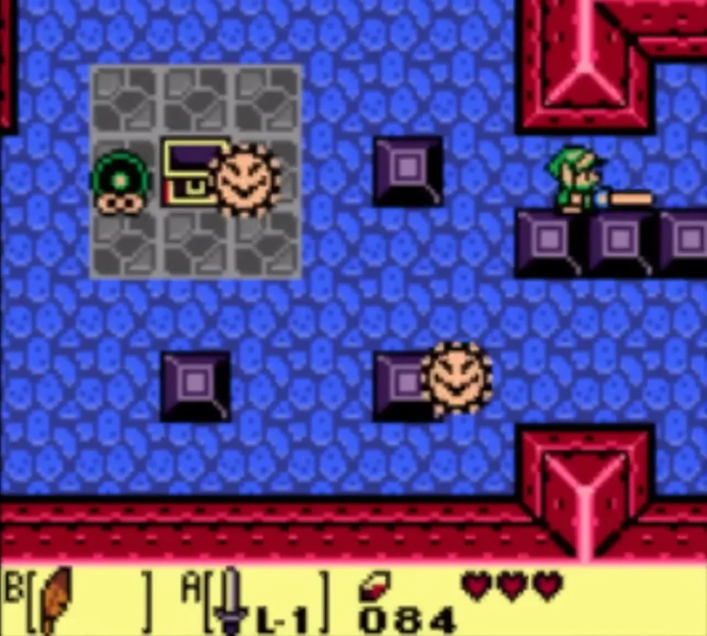 Two spiky Stars rushing around the chest room in Tail Cave as Link faces them with his Sword out Two spiky Stars rushing around the chest room in Tail Cave as Link faces them with his Sword out