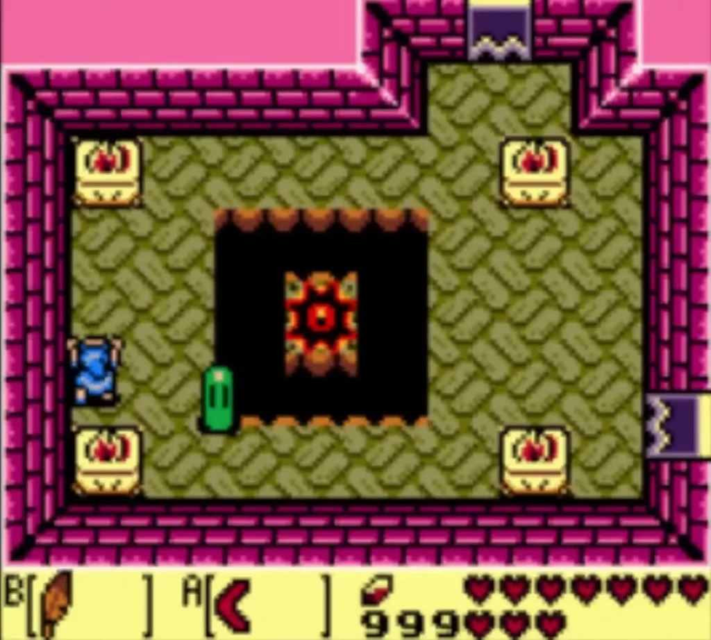 A red-eyed Vacuum Mouth sits in its pit, with Link beside a green Zol A red-eyed Vacuum Mouth sits in its pit, with Link beside a green Zol