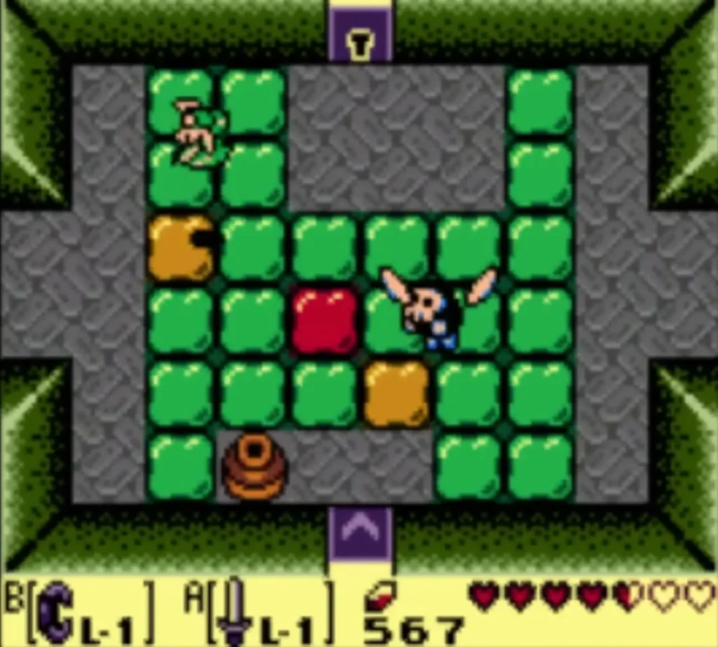 A winged Bone Putter hovering over the colored platforms of the Color Dungeon A winged Bone Putter hovering over the colored platforms of the Color Dungeon