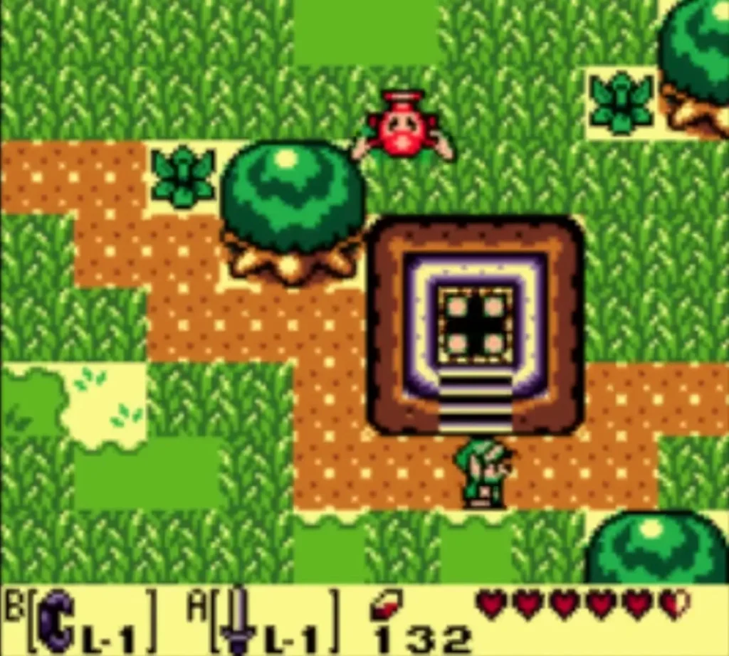 A Winged Octorok hovering above a tree beside a shrine entrance on the overworld A Winged Octorok hovering above a tree beside a shrine entrance on the overworld