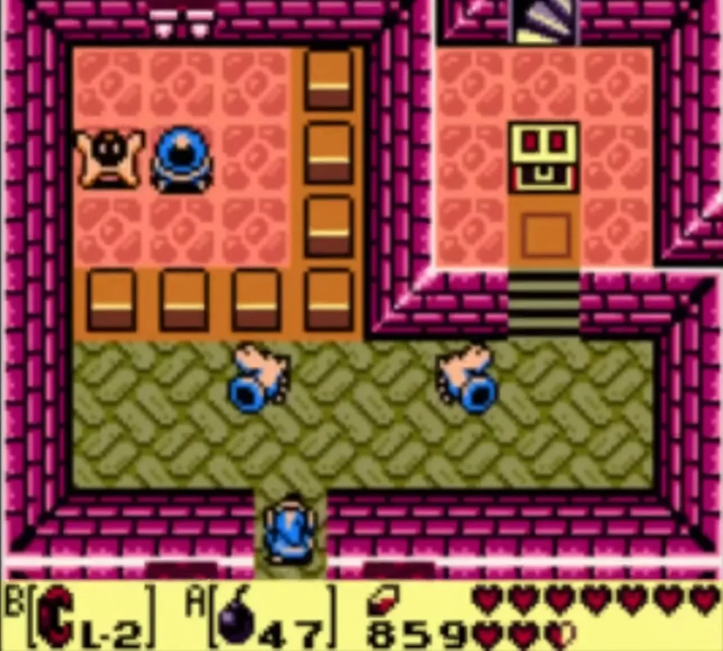 An orange Wizzrobe stands beside a blue eye statue in a pink Face Shrine room with Link at the bottom An orange Wizzrobe stands beside a blue eye statue in a pink Face Shrine room with Link at the bottom