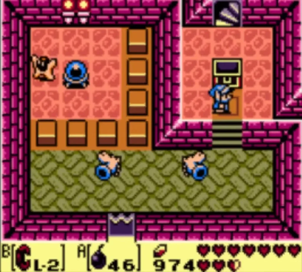 A Wizzrobe with raised arms beside a statue in the Face Shrine, with Link climbing the stairs below A Wizzrobe with raised arms beside a statue in the Face Shrine, with Link climbing the stairs below
