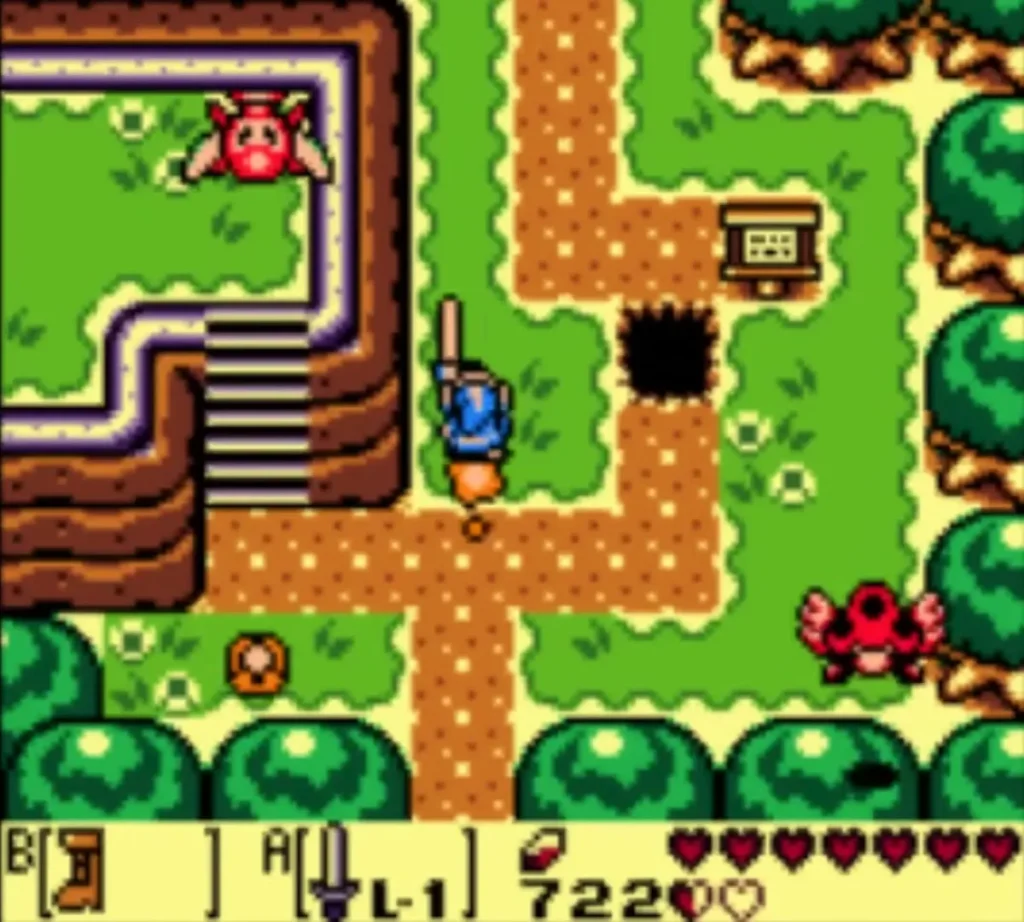 A red Zirro on the grass below the path while Link raises his Sword near a signpost A red Zirro on the grass below the path while Link raises his Sword near a signpost