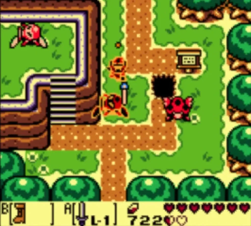 A red Zirro on the grass beside the path near a signpost and a hole as Link swings his Sword A red Zirro on the grass beside the path near a signpost and a hole as Link swings his Sword