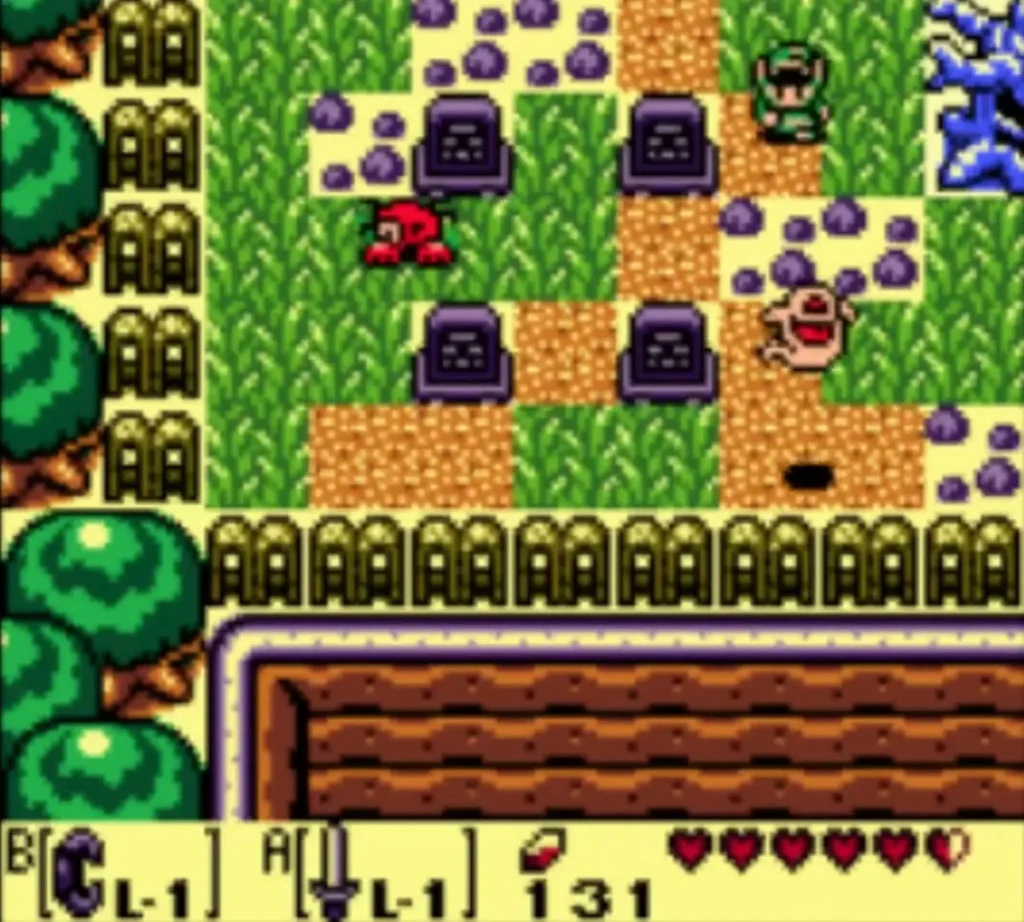 A red Zombie and a pink Ghini among the gravestones of the cemetery with Link nearby A red Zombie and a pink Ghini among the gravestones of the cemetery with Link nearby