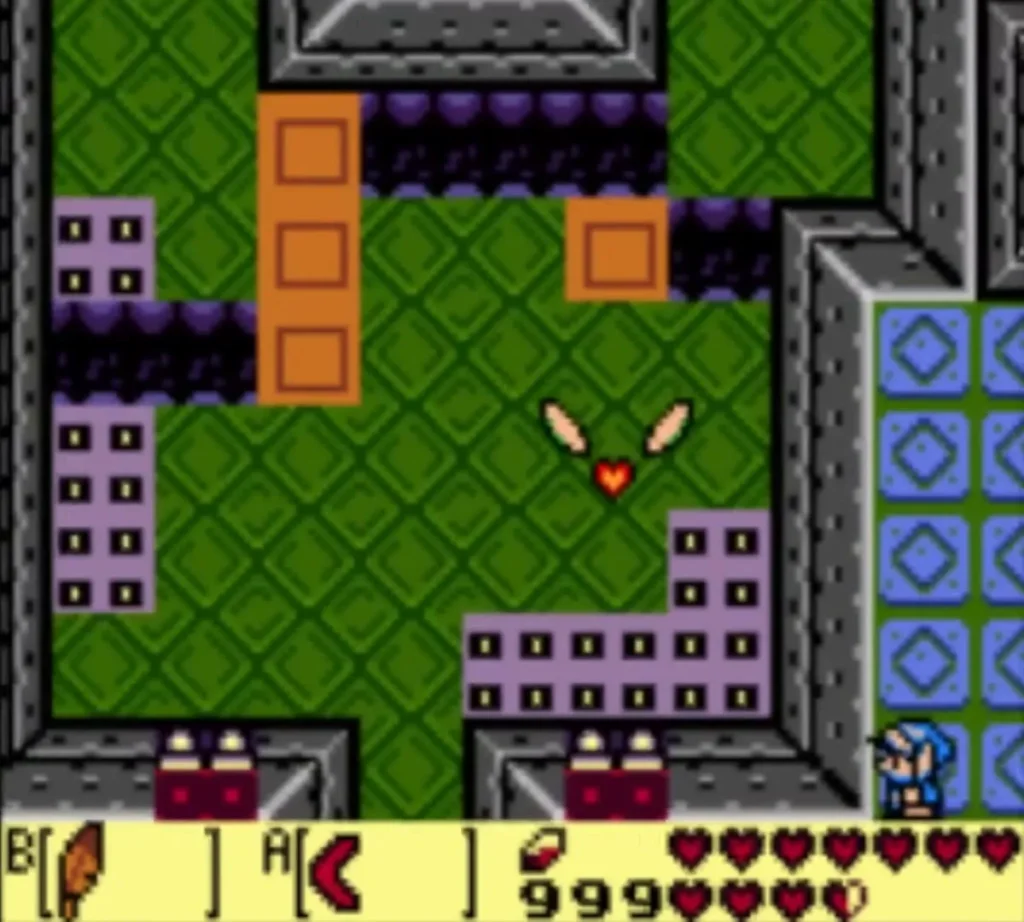 A winged heart fairy flutters in a green Eagle's Tower room with Link at the right edge A winged heart fairy flutters in a green Eagle's Tower room with Link at the right edge