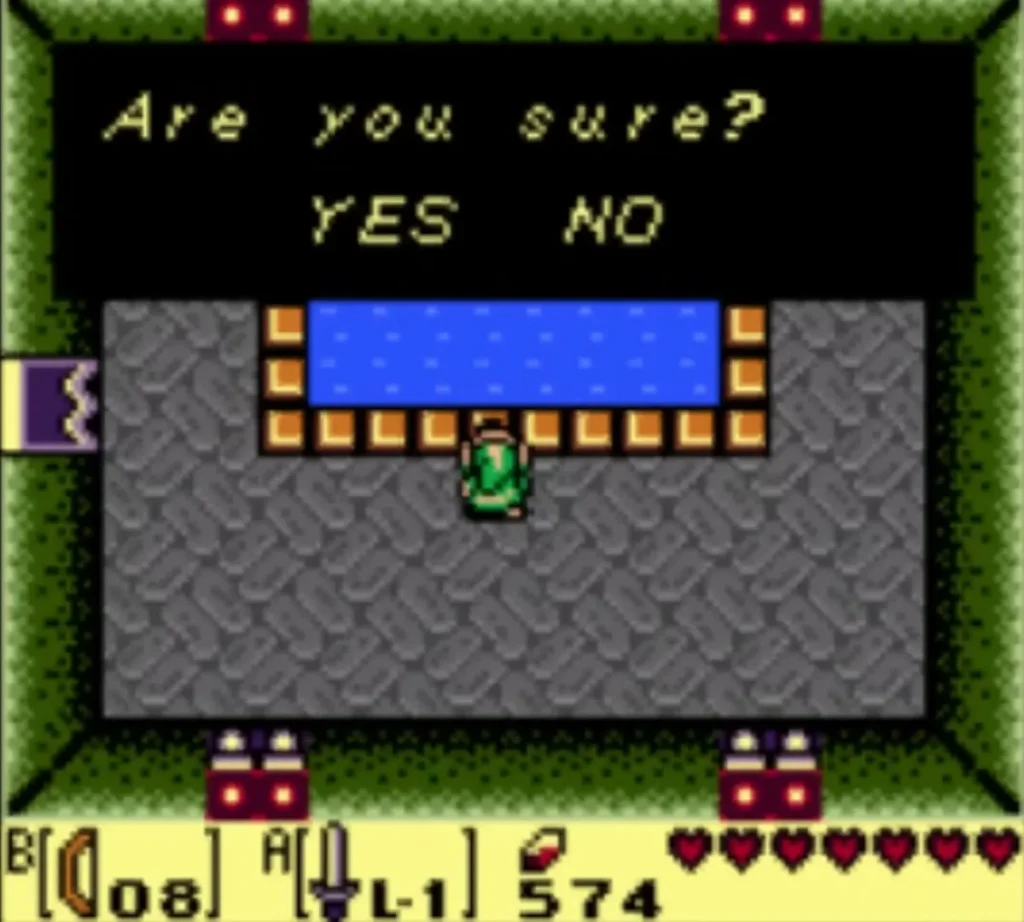 Are you sure? YES or NO prompt at the fairy pool after choosing the blue tunic Are you sure? YES or NO prompt at the fairy pool after choosing the blue tunic