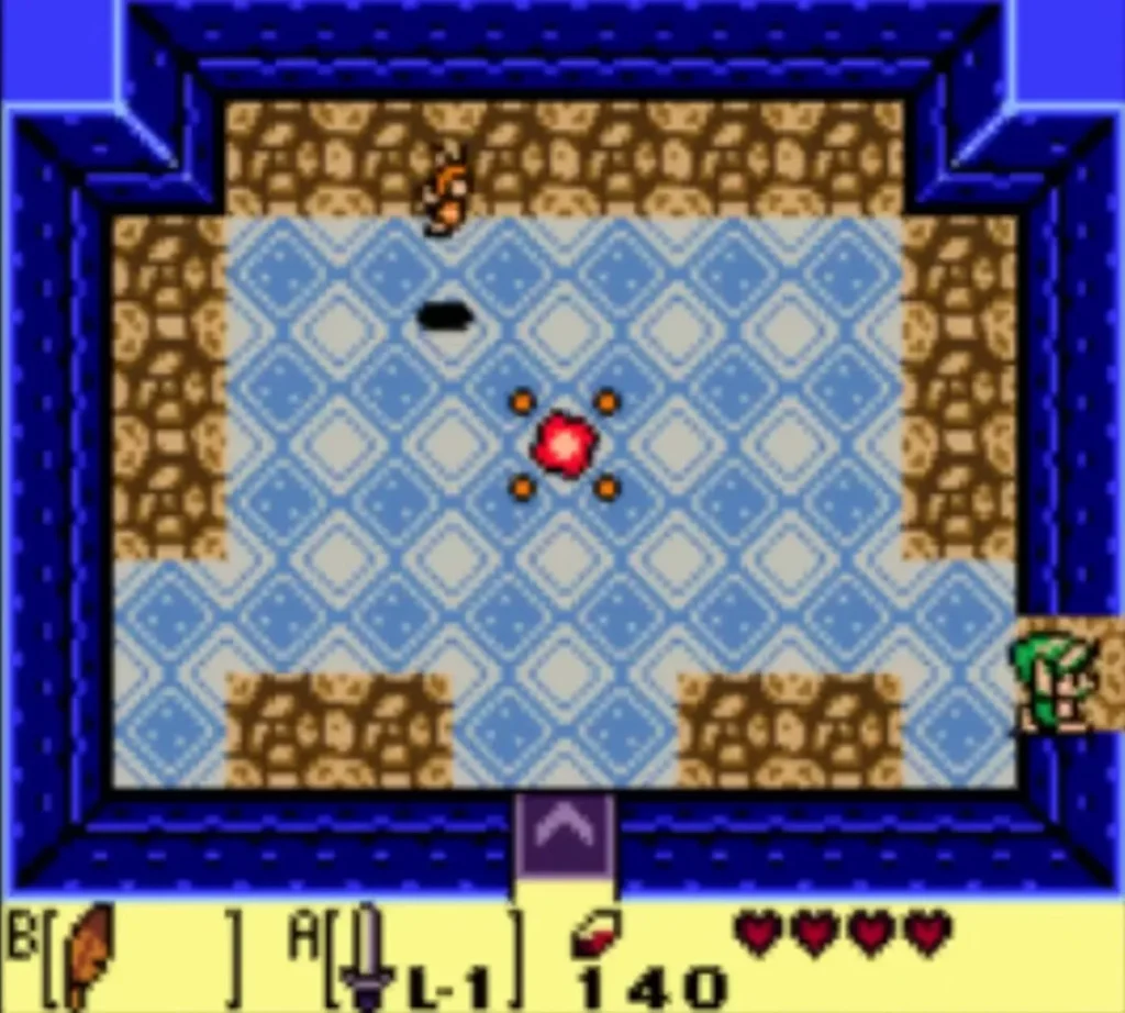 A red fairy burst glows on the blue Bottle Grotto floor as Link waits at the east door A red fairy burst glows on the blue Bottle Grotto floor as Link waits at the east door