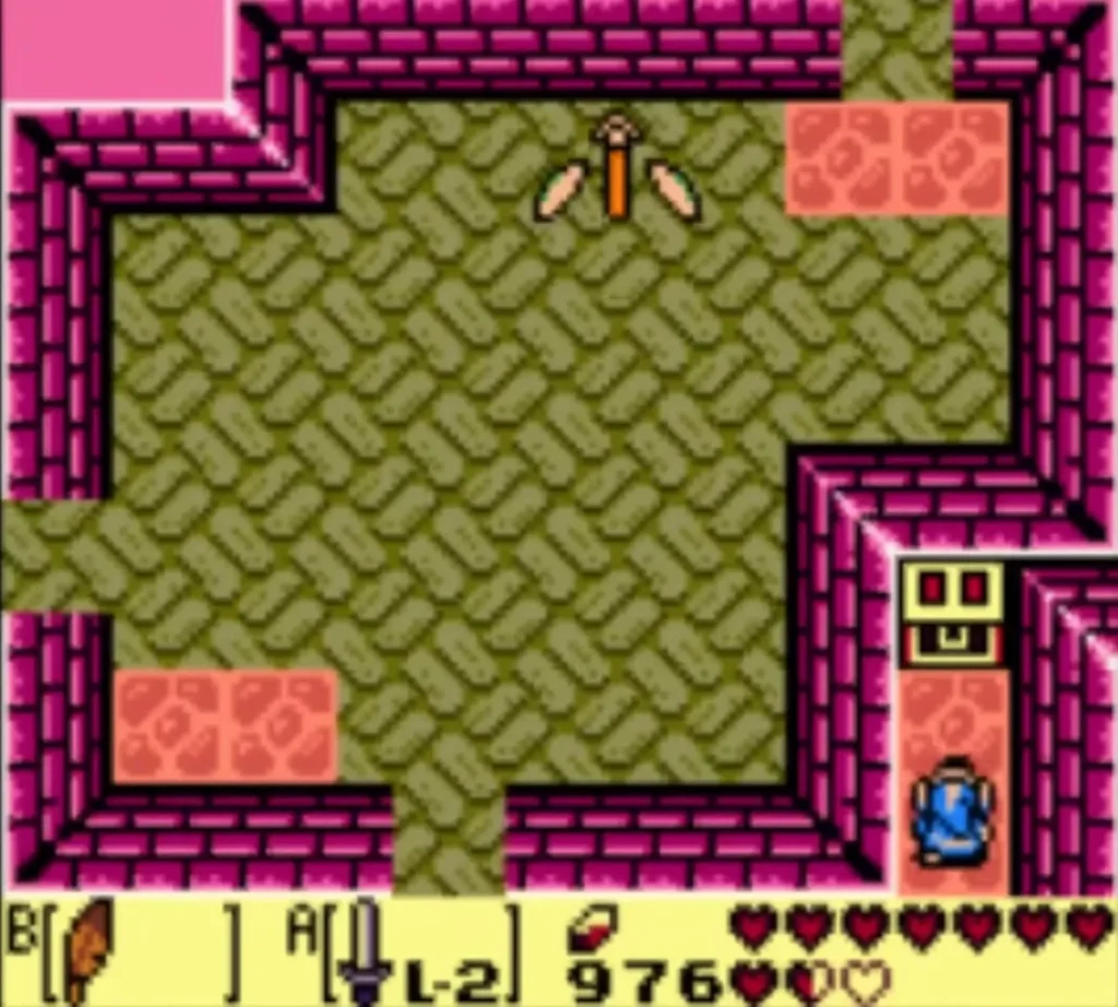 Link steps up to the chest in a Face Shrine room with a long red-tiled walkway Link steps up to the chest in a Face Shrine room with a long red-tiled walkway