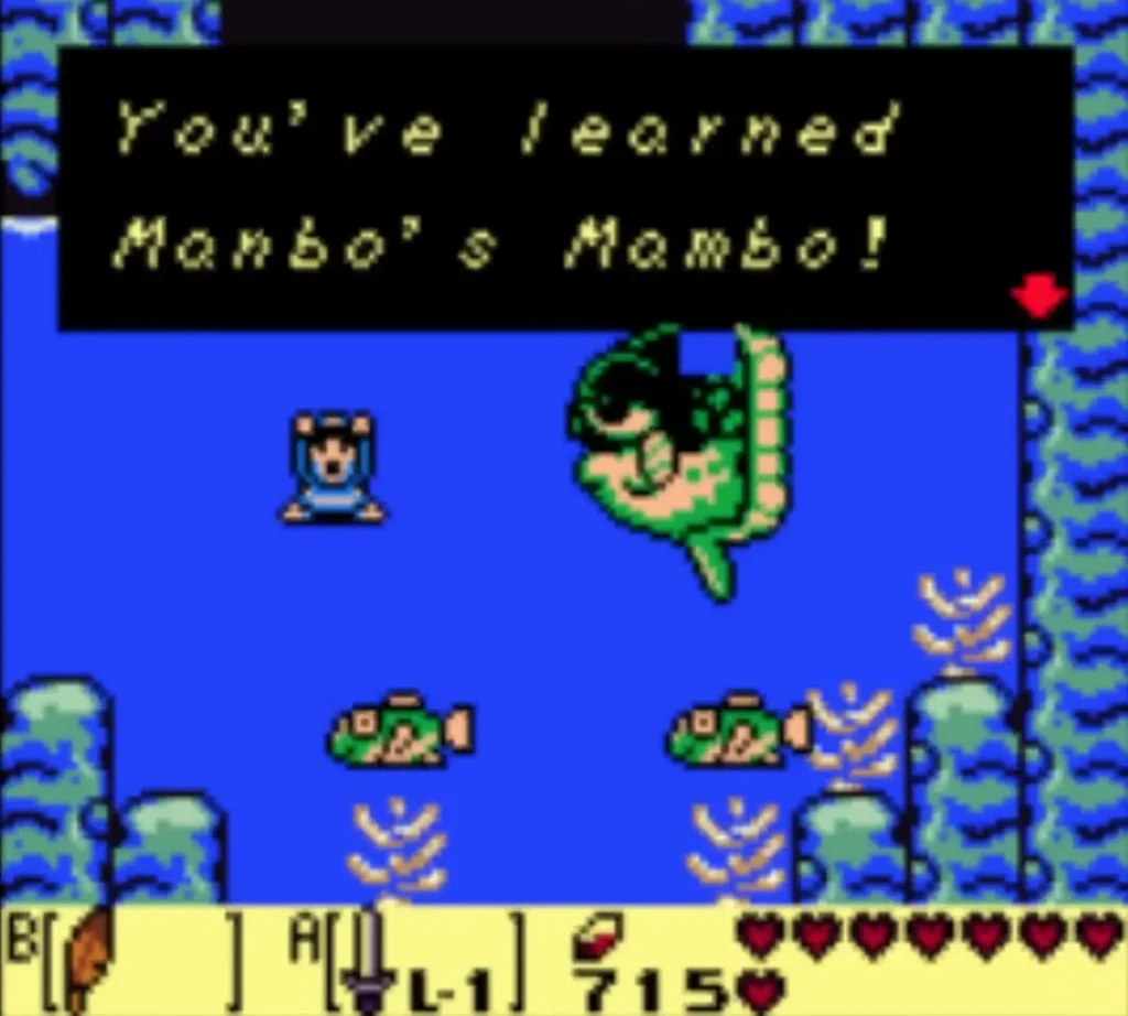 Box reads You've learned Manbo's Mambo above Manbo swimming in the pond Box reads You've learned Manbo's Mambo above Manbo swimming in the pond