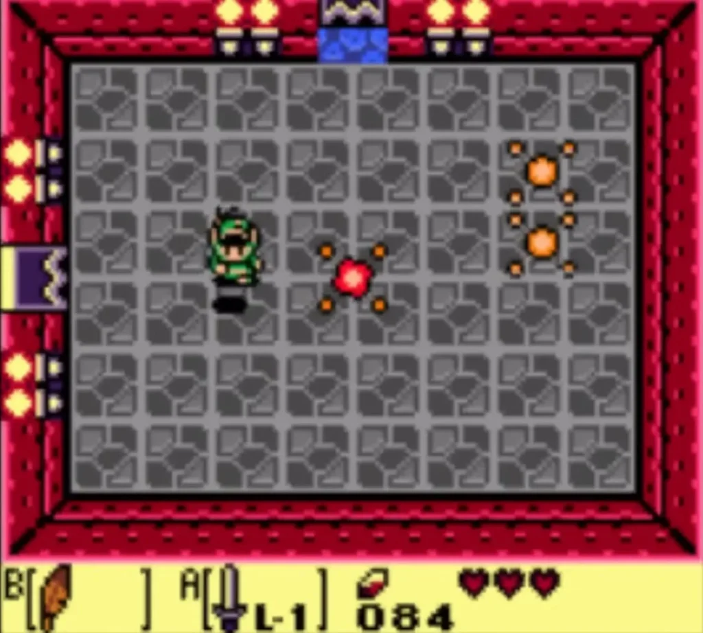 Link steps toward the glowing fairy light in the grey Tail Cave room before leaving by the door Link steps toward the glowing fairy light in the grey Tail Cave room before leaving by the door