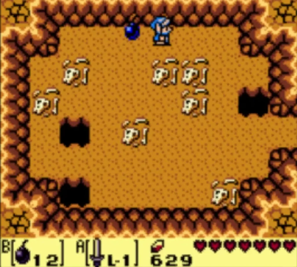 Link in the skull cave with a Bomb set beside the north wall Link in the skull cave with a Bomb set beside the north wall