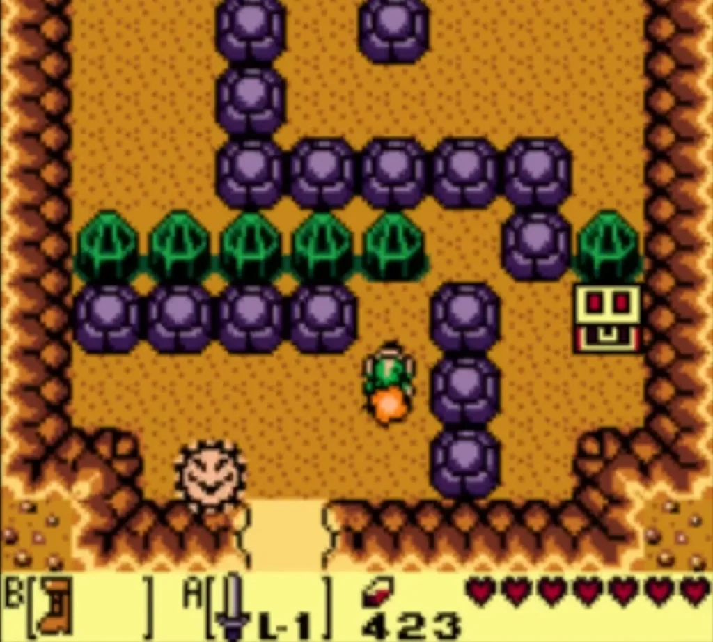 Link stands below a row of green crystals in the cave, with a dash puff at his feet Link stands below a row of green crystals in the cave, with a dash puff at his feet