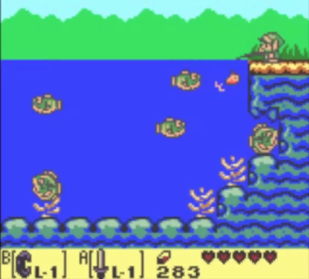 Link fishing in the pond with several fish under the surface and his line in the water Link fishing in the pond with several fish under the surface and his line in the water