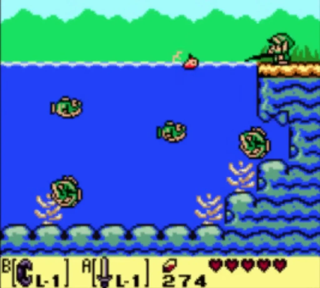 Link on the shore casts into the pond, a red bobber floating on the surface above fish Link on the shore casts into the pond, a red bobber floating on the surface above fish