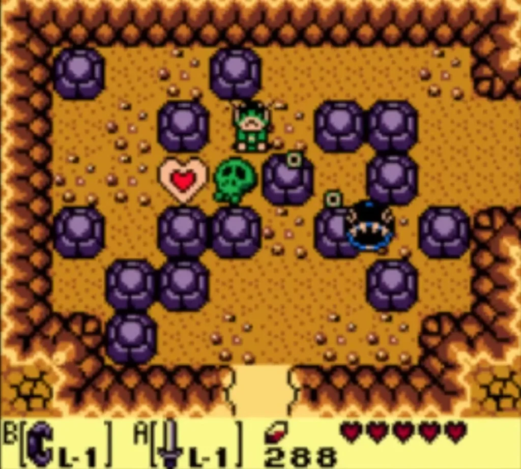 Link stands among purple rocks near the Piece of Heart, with a green skull pot beside it Link stands among purple rocks near the Piece of Heart, with a green skull pot beside it