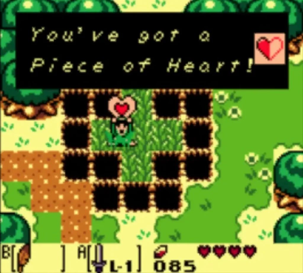 Link holds up the Piece of Heart on the grass island with the item box fully shown Link holds up the Piece of Heart on the grass island with the item box fully shown