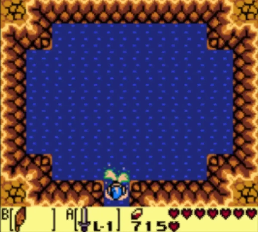 Link reaches the cave pool through the water channel, splashing at its south edge Link reaches the cave pool through the water channel, splashing at its south edge