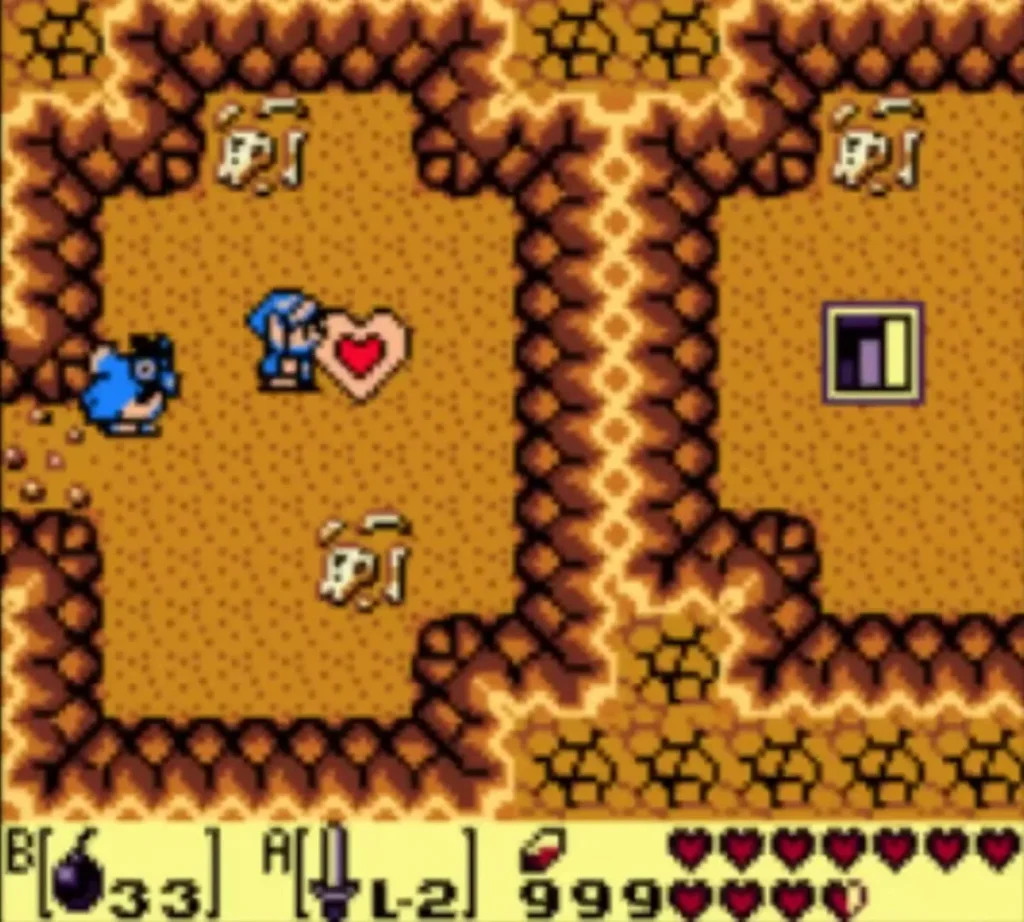Link walks east through the opened wall toward the Piece of Heart Link walks east through the opened wall toward the Piece of Heart