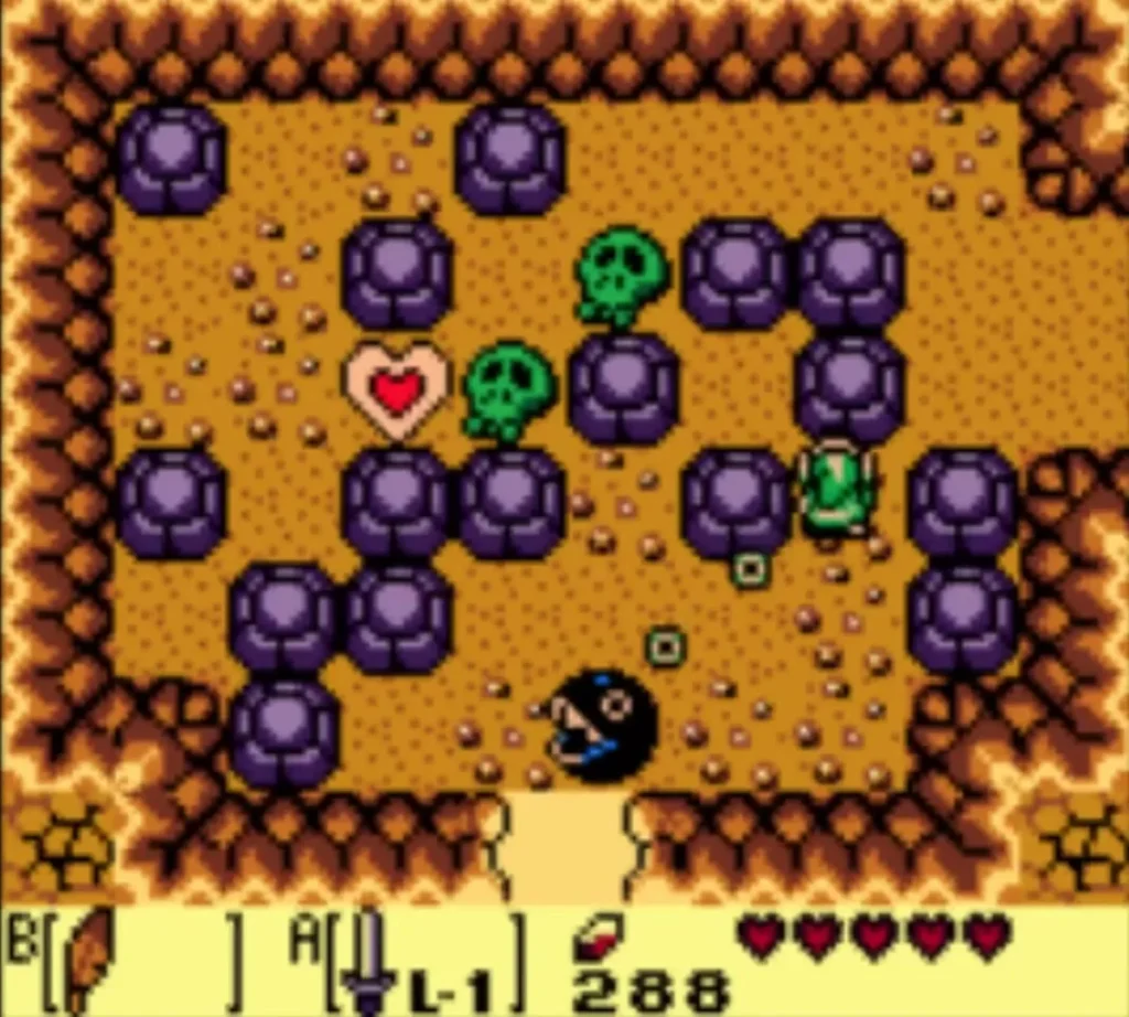 The Piece of Heart waits in the log cave room, ringed by purple rocks and green skull pots The Piece of Heart waits in the log cave room, ringed by purple rocks and green skull pots