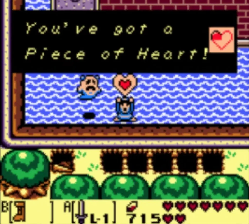 Link in the Kanalet Castle moat with the You've got a Piece of Heart message fully typed Link in the Kanalet Castle moat with the You've got a Piece of Heart message fully typed