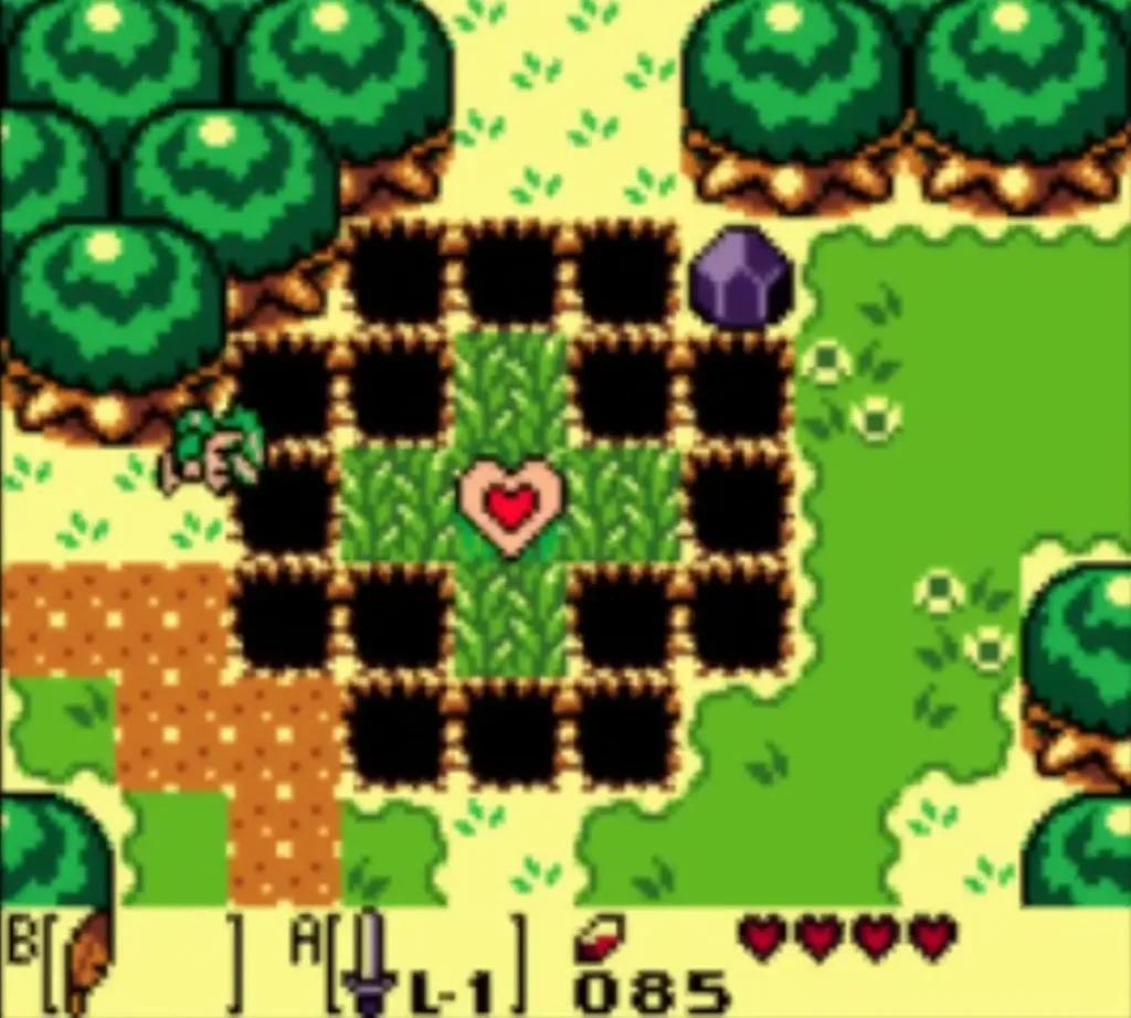 A Piece of Heart sits on a grass island ringed by pits, with Link at the edge A Piece of Heart sits on a grass island ringed by pits, with Link at the edge