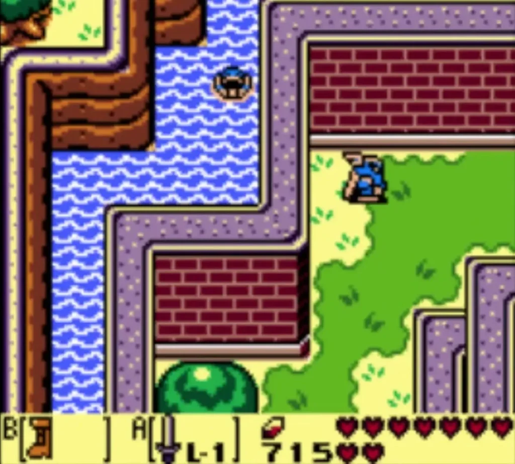 Link swims in the moat beside the red brick wall of Kanalet Castle Link swims in the moat beside the red brick wall of Kanalet Castle