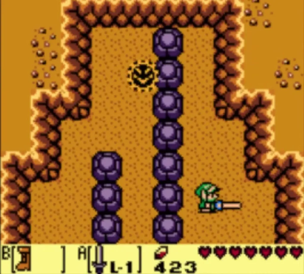 Link taps along the east wall of the cave with his Sword to find the hollow stretch Link taps along the east wall of the cave with his Sword to find the hollow stretch